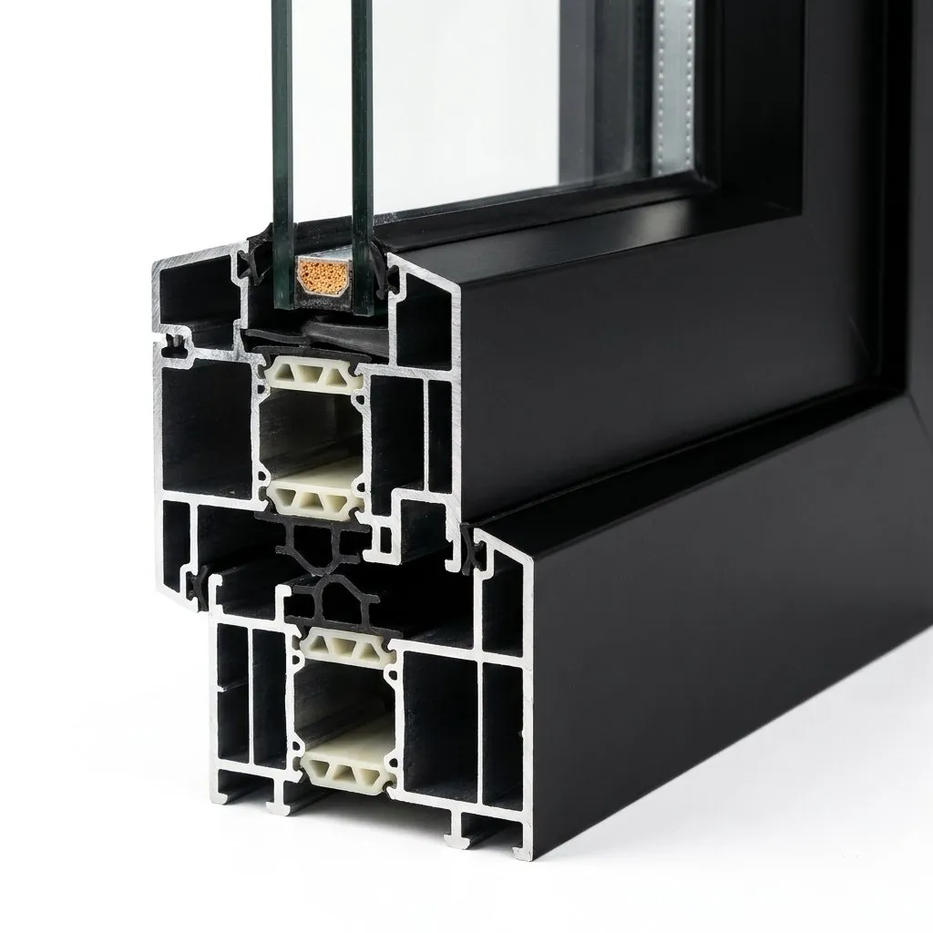Thermally broken aluminium window frame, cut section showing the insulating thermal break