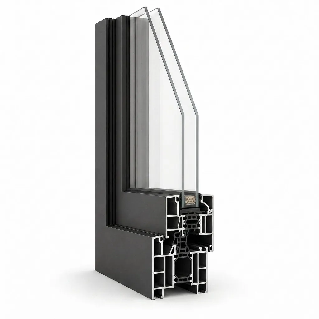 Thermally broken aluminium window frame, cut section
