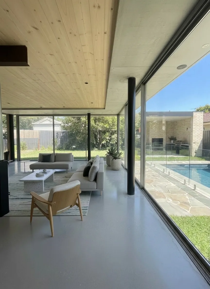 Balwyn. Ultra-slim corner sliding doors with 7 metre span and floor-to-ceiling glazing.